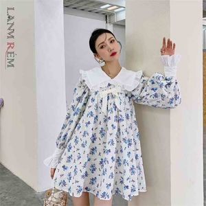 Women Printed floral dress Bow Long Sleeve Peter Pan Collar Dresses Large Size Lady Fashion Summer 2HJ127 210526