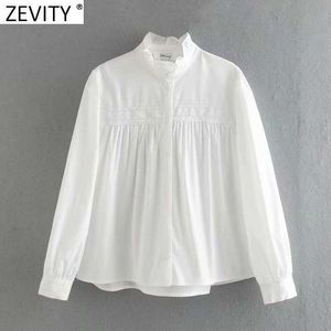 Zevity Women Fashion Agaric Lace Stand Collar White Kimono Shirt Lady Lace Crochet Blouse Roupas Chic Femininas Tops LS7398 210603