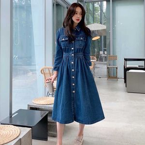 Women Long Denim Dress Autumn Fashion Blue es Long-sleeve elasticity Waist A-line Cotton Female 210529