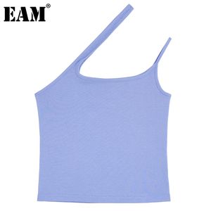 [EAM] Women Oblique Shoulder Asymmetrical Tank Tops Square Collar Sleeveless Personality Fashion Summer 1DD8499 210512