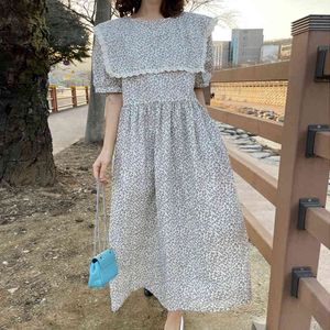 Printed Dress Women's Summer Lace Sailor Collor Tie Waist Short Puff Sleeve Mid-calf Dressesfemale Fashion 210510