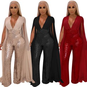 Wholesale plus size womens black jumpsuit for sale - Group buy Plus Size Jumpsuits Womens Cloak Sequined Clubwear Party Casual Skinny Charms ApricotS Black Red Jumpsuit Bodycon Sequin