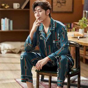 Мужская Silk Satin Pajamas Набор с длинным рукавом Пижама Осень Весна Домашняя одежда плюс Размер L-5XL 210812