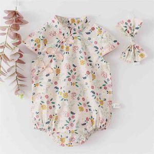 Sommer Overall Mädchen Chinesischen Stil Cheongsam Strampler 0-3 Jahre Mädchen Baumwolle-born Baby Kleidung 210417