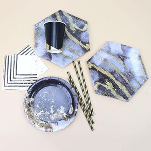Одноразовая посуда золотая фольга мраморная посуда черная бумажная блюда тарелка чашки салфет