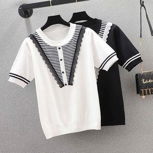 Oversized Summer Striped Sweaters Women Chic Causal Pullovers Tunna O-Neck Top Koreanska Streetwear Plus Storlek Kvinnor Kläder 210604