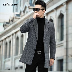 Arrival Autumn and Winter Style Men Boutique Woolen Coat High Quality Plaid Wollen Trench Men's Leisure Woolen Blends M-4XL 211011