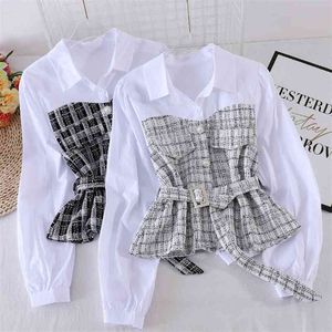 Kvinnor Plaid Shirt Kvinna Höst Koreanska Lösa Långärmad Stitching Fake Two-Piece Blouse Turn-down Collar Top Y1145 210507