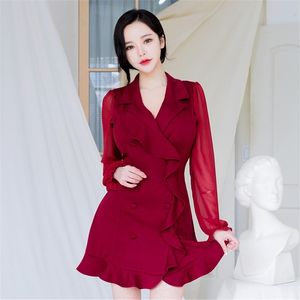 Sexy Korea Ladies long Sleeve Notched Office party happy mini Dress for women clothing 210602