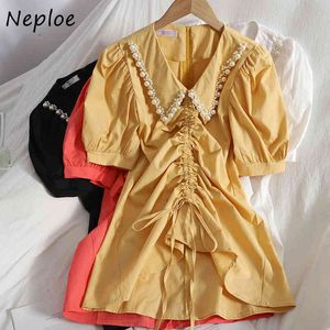 NEPLOE Elegante Beading Patchwork Vestido Sólido Mulheres Peter Pan Collar Pullover Manga Curta Vestidos Cintura Alta Cintura Hip Uma Linha Robe 210423