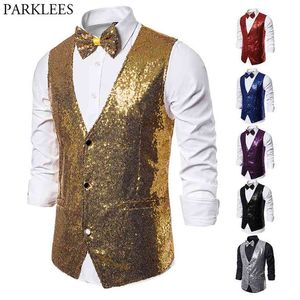 Gilet scintillante con paillettes dorate lucide da uomo Slim Fit con scollo a V 2 pezzi Gilet da uomo con papillon Festa di nozze Costume da ballo Gilet 210923