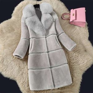 豪華な冬のフェイクの毛皮のコートの女性厚い長袖のジャケットファッション女性の偽のキツネの毛皮の襟の上着女性暖かいフェイクの毛皮のコート210928