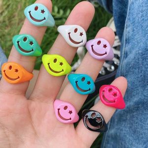 10Pcs 2021 Summer Style Colorful Enamel Smiley Face Rings For Women Cute Smile Adjustable Vintage Jewelry