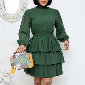 Women Pleated Cake Dresses Long Sleeve O Neck Mini High Waist Elegant Office Ladies Work Wear Classy Modest African Fashion Robe 210416