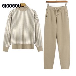 GIGOGOU Houndstooth Knit Women Sweater Costume Thick Turtleneck Winter Oversized Casual Loose Pullover Sweaters 2 Pieces Sets 210812