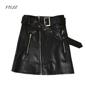 Spring Summer Women Mini Pu Leather Skirt Zipper High Waist Slim Belt Sexy Black Faux Skirts 210430