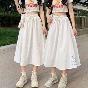 High Waist Flower Embroidery White Cargo Skirt Female Student Korea Summer Loose Wild Long Harajuku Kawaii Women Saia 210421