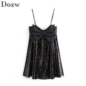 Frauen stilvolle ärmellose Pailletten Mini Kleid Bow Dekoration Spaghetti -Riemen sexy Dame Kleider schwarze Farbe Loose Sundress Ropa Mujer 210414