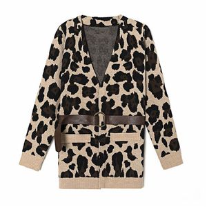 Moda mulheres leopard camisola casacos elegantes senhoras v-pescoço fino malha streetwear feminino cinto vintage cardigan 210427