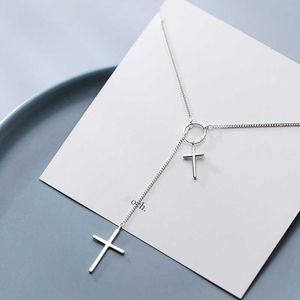 Sterling Sliver Fashion Simple Big Samll Cross Geometric Round Chain Pendant Necklace for Women Fine Jewlry Girl Gift