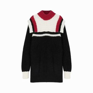 PERHAPS U Women Sweater Knitted Black White Red Patchwork Turtleneck Pullovers Long M0007 210529