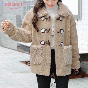 Aelegantmis tjockna varma kvinnor faux päls fluffy coat lamm ull kort jacka vinter stilig furry rockar kvinnlig casual ytterwear 210607