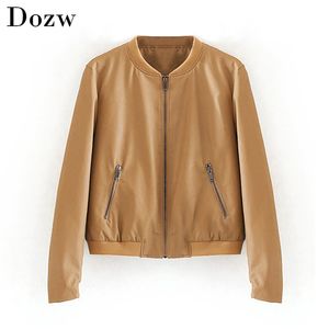 Moda PU Couro Bomber Jaqueta Mulheres Slim Inverno Outwear Zipper Casacos Vintage Bolsos Sólidos Manga Longa Feminina Casaco curto 210414