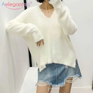 AELEGANTMIS Vintage Mohairの毛皮のニットセーター女性ソフト居眠り背中のない特大のプルオーバーセクシーなカジュアルルースジャンパー韓国のシック210607