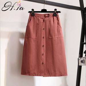 H.sa Women Summer High Waist Korean Style Candy Color Solid Button Up Longo Female Jupes saias longas Black Skirts 210417