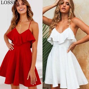 Summer Sweet Ruffles Mini DrWomen's Strap BacklLace Up Short DrSolid Mini Dresses Vintage Elegant Red Party Dress X0529