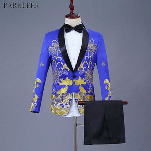 Royal Blue Shawl Collar Suit Män 2 Piece Suit (Jacka + Byxor) Bröllop Groom Dress Suits Men Stage Singer Clothes Terno Masculino x0909