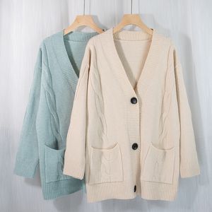 Sticka tröja Kvinnors höst Koreanska Cardigan Loose Knitwear Twist Lady V-Neck Solid Färg Coat Kvinnor Cardigans Full 210420