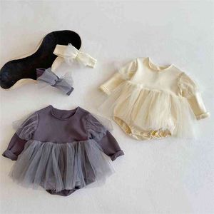 Spring Autumn Infant Baby Girls Pure Color Rompers + Hair Band Clothing Kids Girl Long Sleeve Clothes 210521