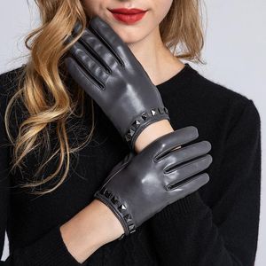 Fingerless Gloves Sumusan Women Touch Screen Leather Black Gray Spring Autumn Thin Section Comfort Lady Sheep Mittens