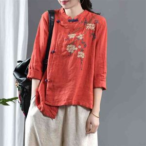 Vårkonst Stil Kvinnor Vintage Button Stand Collar Loose Shirts Bomull Linen Broderi Blouse Femme Blusas Plus Storlek S700 210512