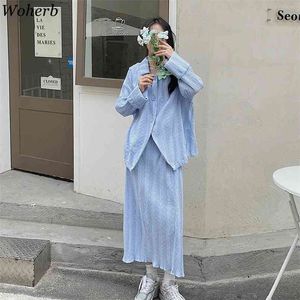 Summer Loose All Match 2 Pieces Set Women Thin Plaid Blouse Coat + High Waist Long Skirts Korean Streetwear Outfits 210519