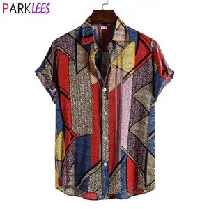 Hit Farbe Geometrische Druck Herren Hawaiian Shirt Sommer Kurzarm Tropical Aloha Männer Bach Hemd Casual Urlaub Urlaub Kleidung 210522