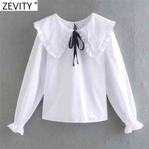 Spring Women Sweet Peter Pan Collar Agaric Lace Edge White Blouse Office Lady Bow Shirt Chic Chemise Tops LS7508 210420