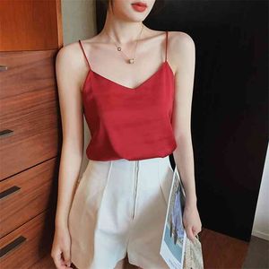 est Women Tops Spaghetti Strap V-neck Satin Silky Tank Sleeveless Black Tees Cami Sexy Halter Top all neon store clothes 210507