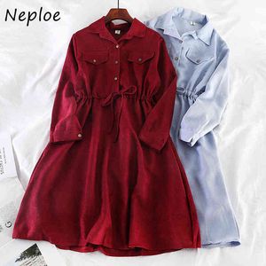 Neploe Hong Kong Style New Autumn Winter Vintage Dress Drawstring Slim Waist Loose Vestidos Fashion Shirt Dresses Women 94447 210422