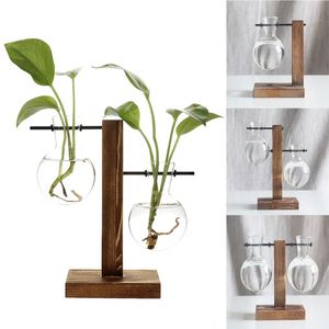 Nordic Style Terrarium Hydroponic Plant Vases Vintage Flower Pot Transparent Wooden Frame Glass Tabletop Home Bonsai Decor Planters & Pots