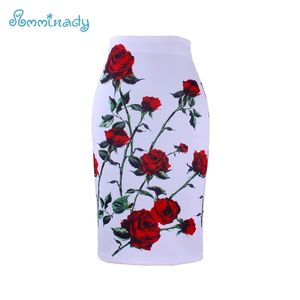 Büyüleyici Kırmızı Güller Baskı Kadınlar Kalem Etekler Bodycon Lady Midi Saias Kadın Faldas Mujer Kızlar Ince Altları S-4XL Ücretsiz 210629