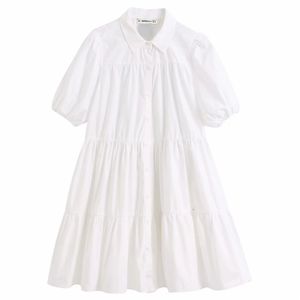 Kobiety Po prostu Solidne Kolor Casual White Slowdress Office Lady Puff Sleeve Plds Vestidos Chic Wypoczynek Big Swing Dresses DS3438 210623