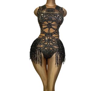 Fashion Tight Fitting Crystal Tassel Naken Dansare Bodysuit Kvinnor Ärmlös Elastisk Leotard Niglub DS Dance Outfits 210720