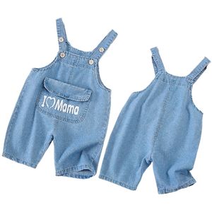 Summer Girl Jumpsuit Korean Cute Sweet Fashion Washed Jeans Denim Pocket I Love Mama Romper Jumpsuits Straps Short Cowboy Blue 210417