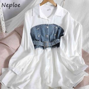 NEPLOE HIT COR RECEPTHWORK Denim Blusa Mulheres Slim Cintura Cintura Casual Blusas Gire para baixo Collar Manga Longa Primavera Camisa Feminino 210423