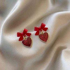 Charms Ear Stud Clip Rings S925 Silver Needle Red Bow 2021 Autumn and Winter Minority Bride Temperament Frosted Love Female
