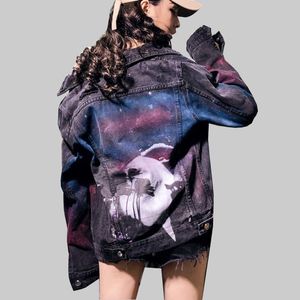 Women Streetwear Hip Hop Jeans Coats Harajuku Women's Jacket Graffiti Ripped Outwear Denim Jackets Fall Winter 210531