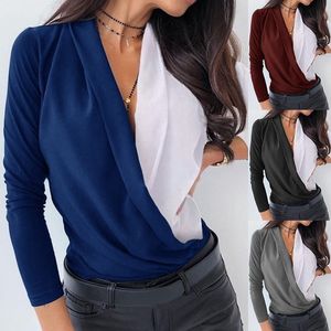 Plus Size Autumn and Winter Sexy Długi Sleeved Multi-Color Stitching Deep V-Neck Szyjka Bluzka Bluzka Kobiety Office Slim Tops X0521