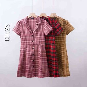 vintage cotton red plaid dress women Korean kawaii button office mini female casual short sleeve sexy vestidos 210521